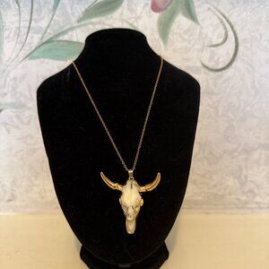 Bull Skull Pendant Necklace Gold Chain Western Cowgirl Statement Jewelry